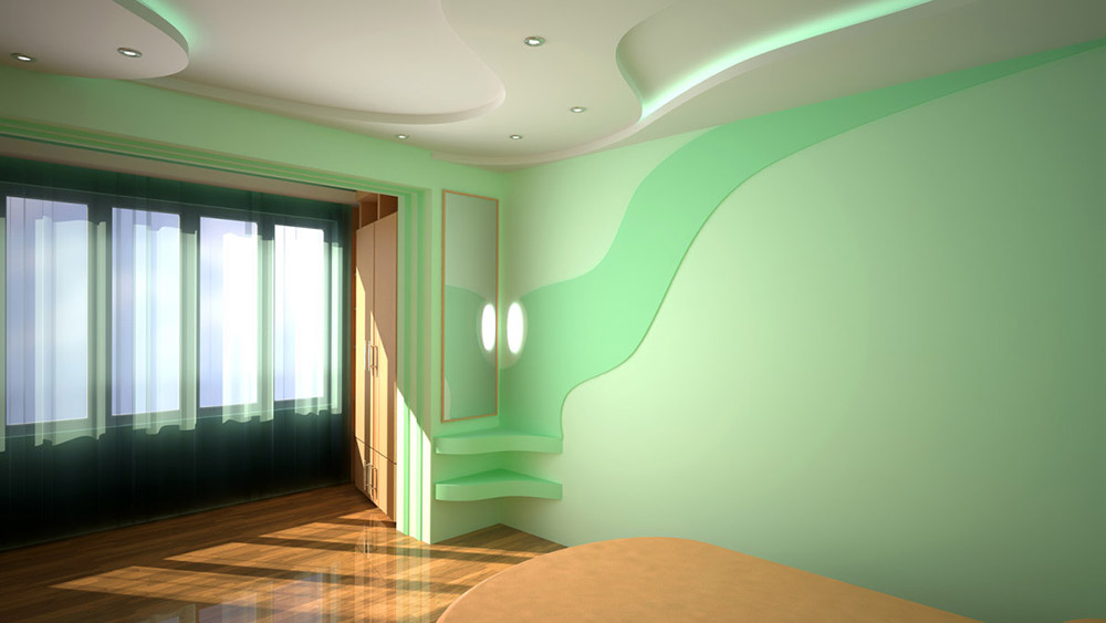 Interior of green bedroom. 3D design. Light - LED cord, spotlights and sunlight.